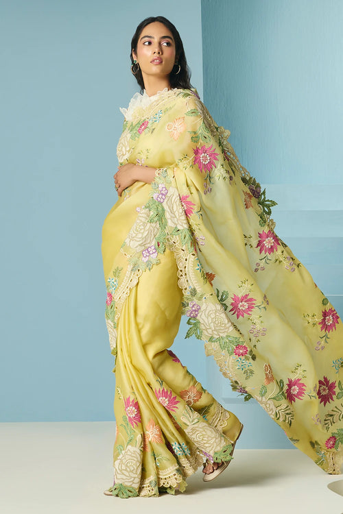 Butter Yellow Floral Applique Saree