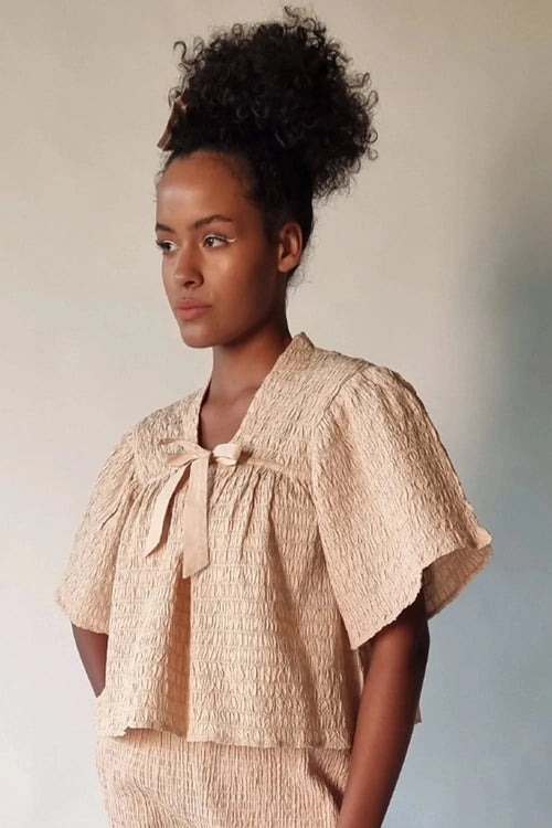 Aged Ivory Smocked Petal Sleeve Top