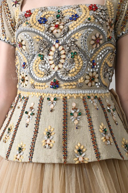 Beige Embroidered Pleated Peplum Top And Skirt Set