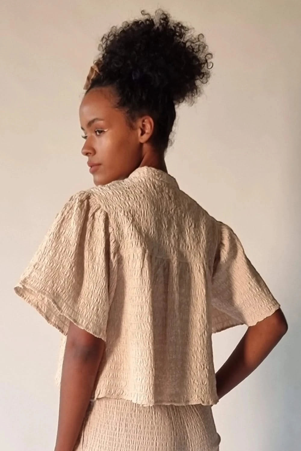 Aged Ivory Smocked Petal Sleeve Top