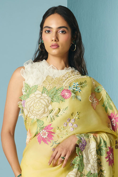 Butter Yellow Floral Applique Saree