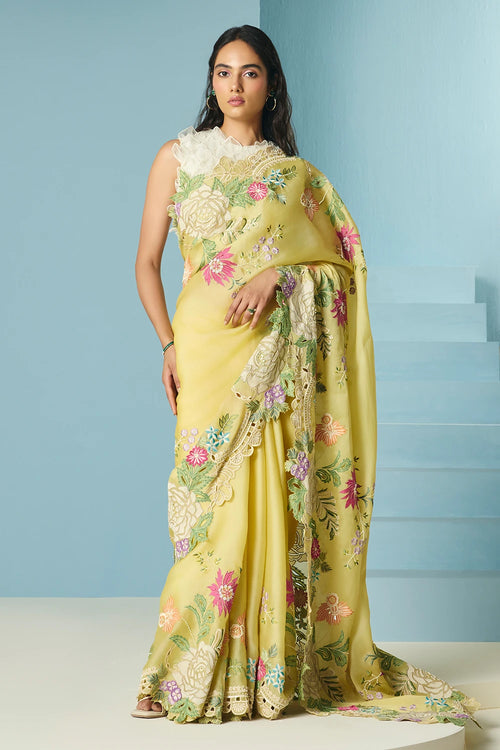 Butter Yellow Floral Applique Saree