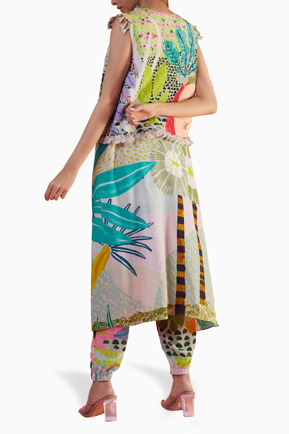 Green Tropical Printed Kurta Set with Embroidered Jacket