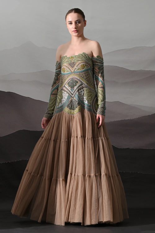 Off-Shoulder Gown With Hand-Embroidered Foliage Motifs
