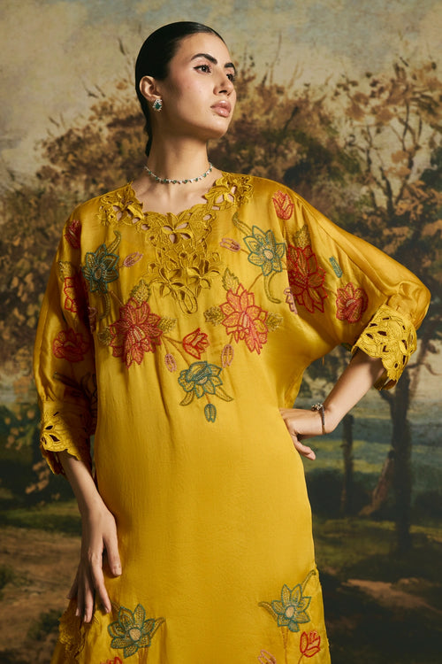 Amber Yellow Blossom Kimono Kurta With Pants