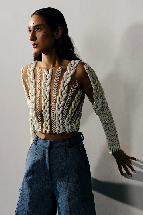 Ivory 3D Knit Hand Embellished Blouse