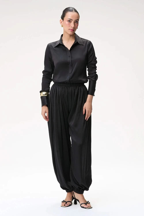 Black Silk Shirt with Balloon Pants