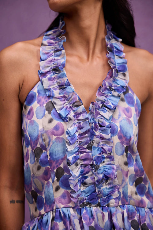 Blue Aquarelle Print Halter Mini Dress