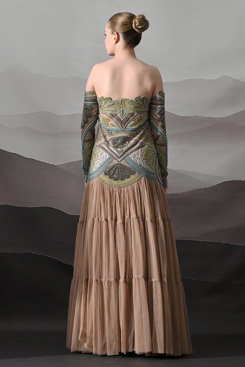 Off-Shoulder Gown With Hand-Embroidered Foliage Motifs