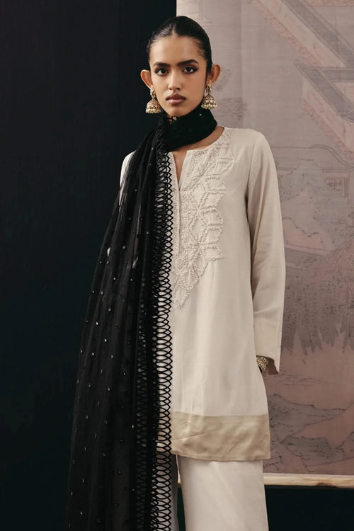 Parsi Gaara and Beadwork Short Kurta with Palazzo and Black Dupatta