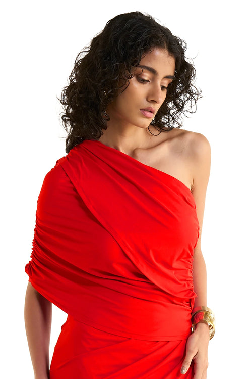 One Shoulder Draped Knit Top And Skirt Set