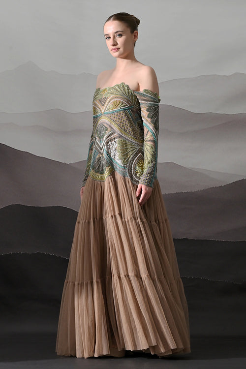 Off-Shoulder Gown With Hand-Embroidered Foliage Motifs