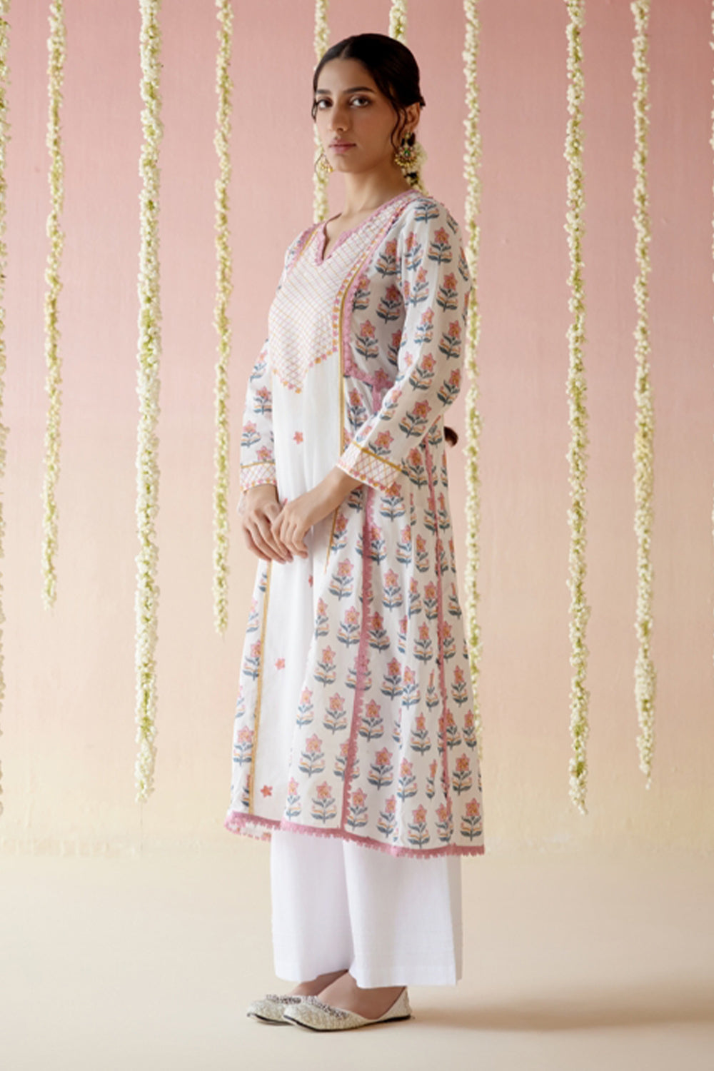 Petal Pink Yoke Anarkali Kurta with Wide Leg Pants