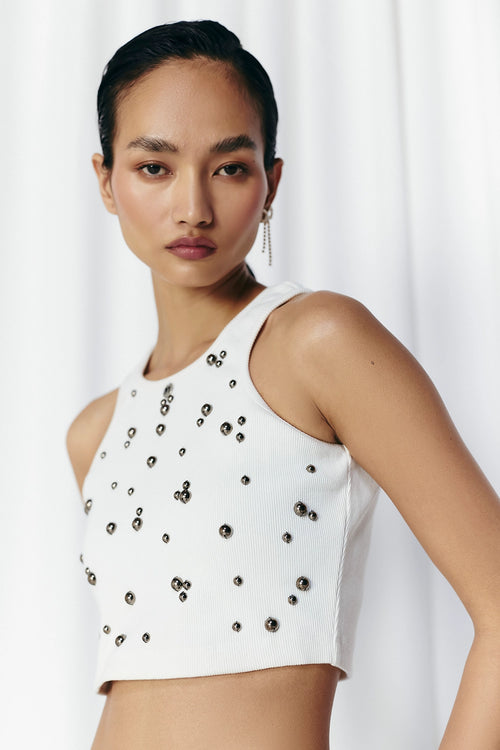 White Studded Rib Top