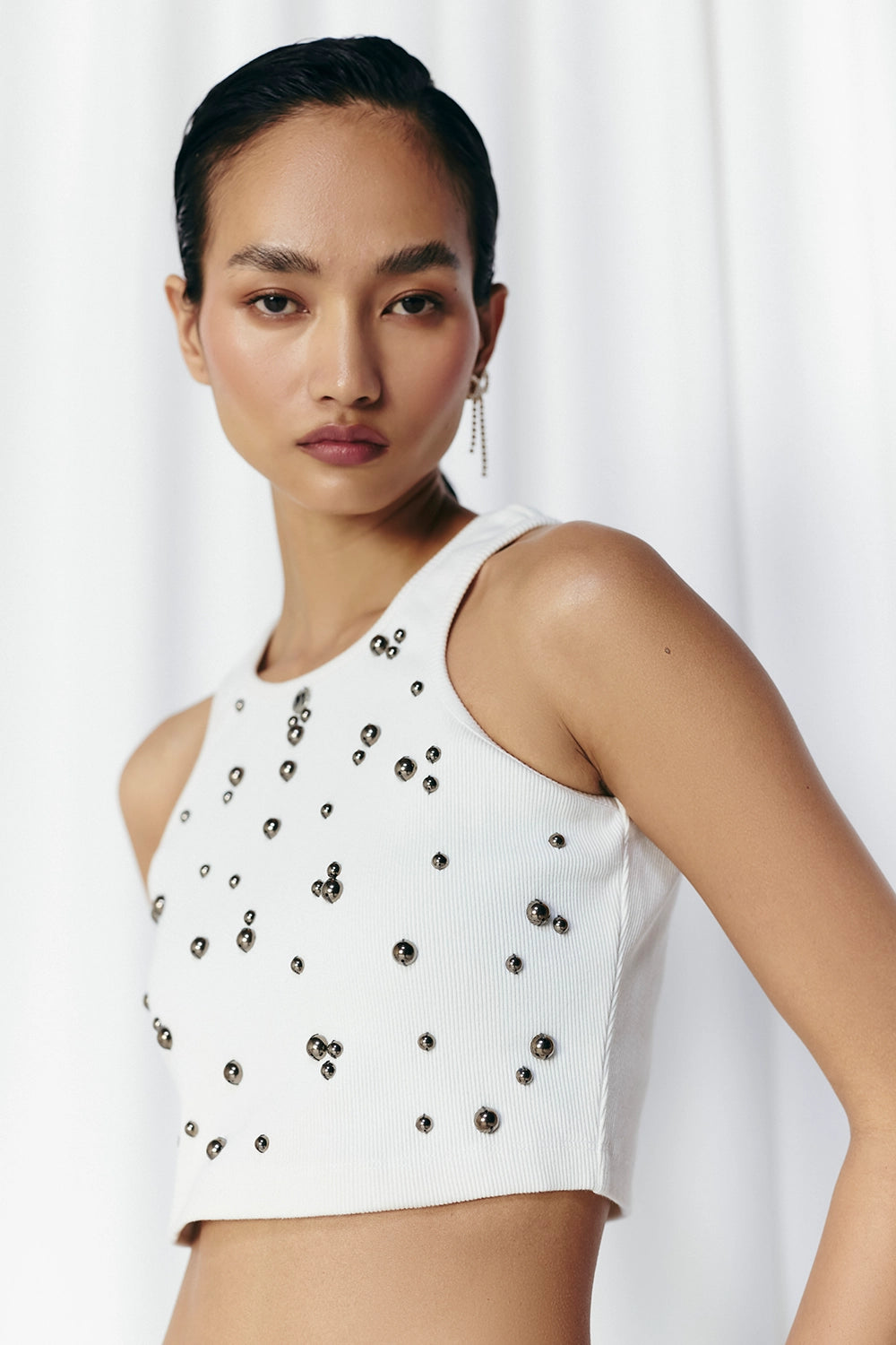 White Studded Rib Top
