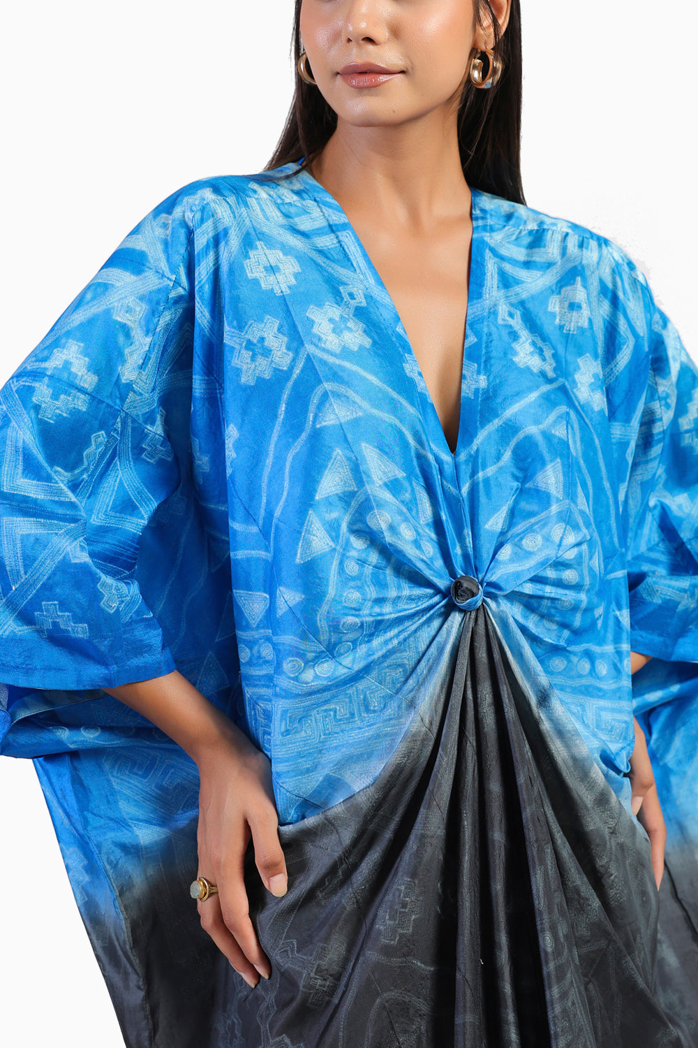 Rose Knot Black and Blue Ombre Tribal Shibori Kaftan