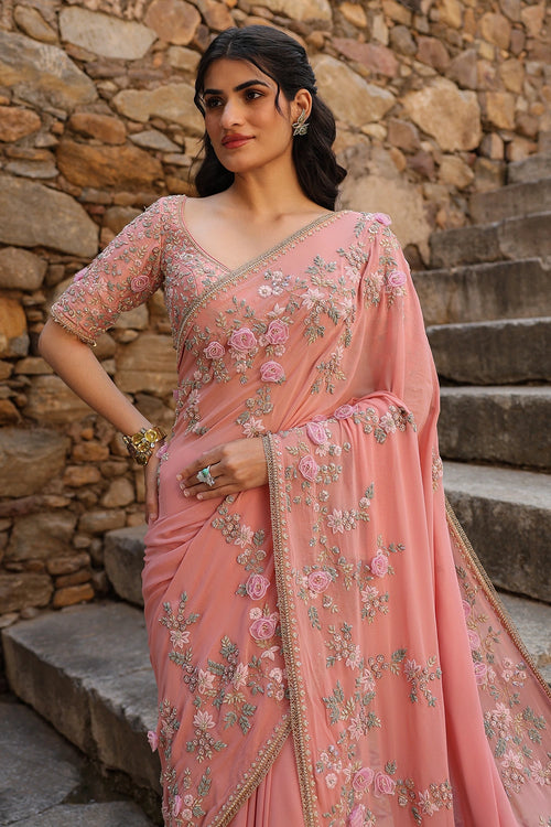 Vaayu Pink Jaal Saree Set