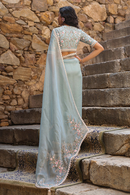 Vaayu Light Blue Phool Patti Saree Set