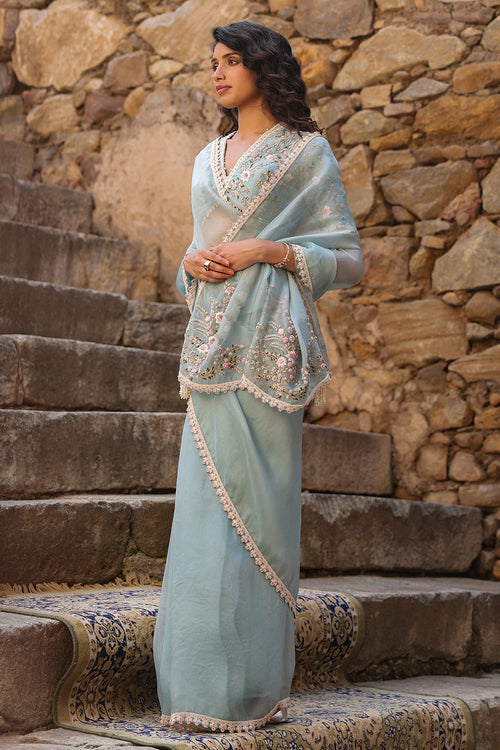 Vaayu Light Blue Phool Patti Saree Set