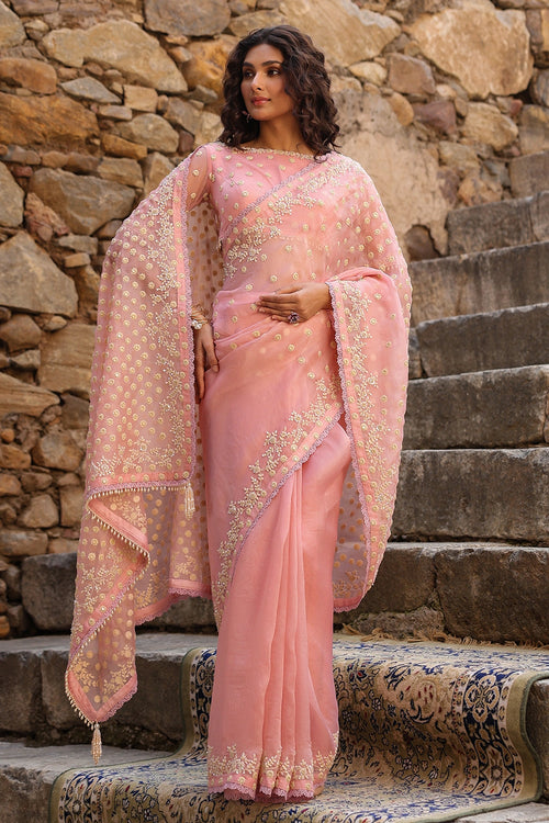 Vaayu Pink Heavy Butti Jaal Saree Set