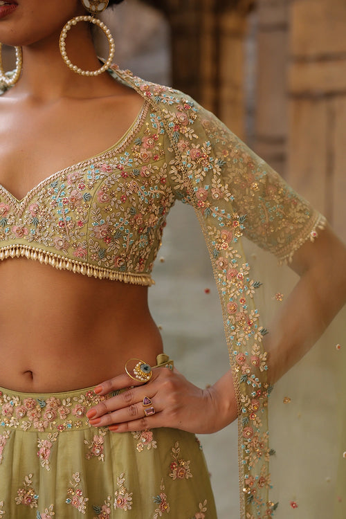 Vaayu Green Multicolor Phool Lehenga Set