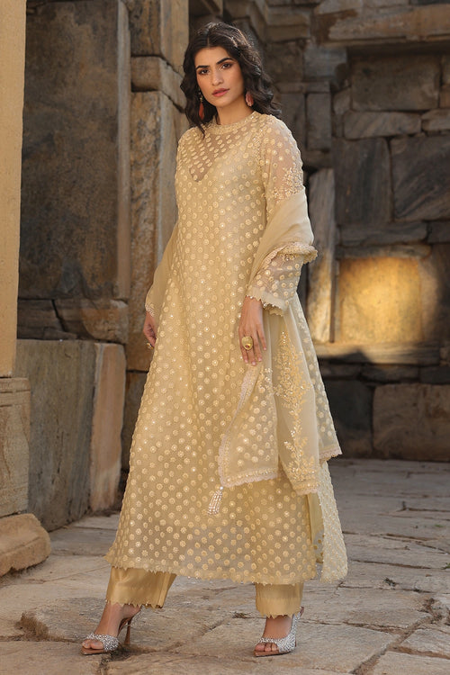 Vaayu Beige Buti Close Neck Kurta Set