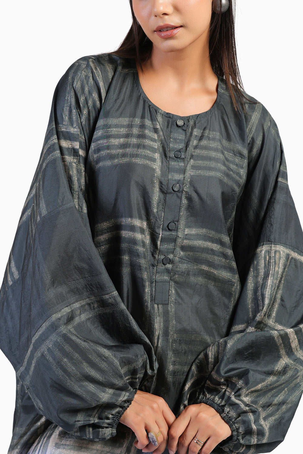 Geometric Black and Blue Shibori Kaftan Dress