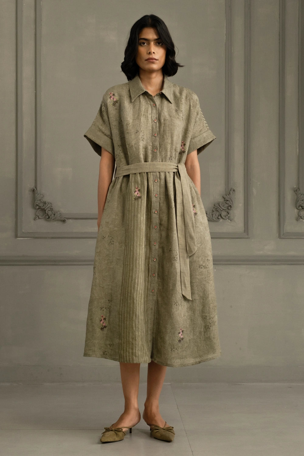 Sage Green Gauze Linen Embroidered Belted Dress XS