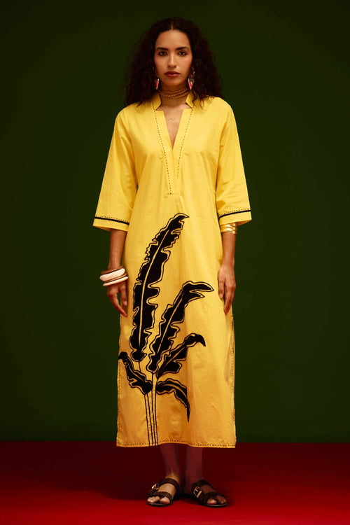 Mango Yellow Leaf Motif Embroidered Dress
