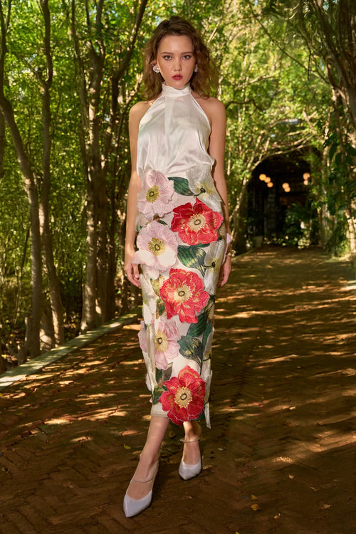 Ivory Satin Halter Top & 3D Floral Midi Skirt