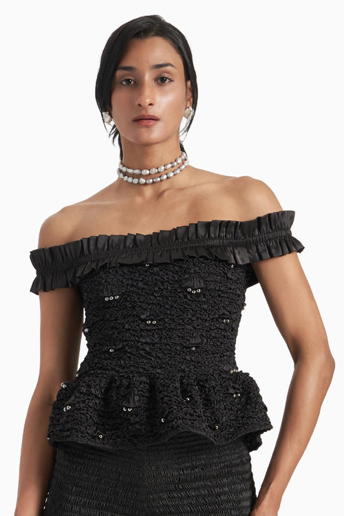 Black Off Shoulder Ruffled Peplum Top