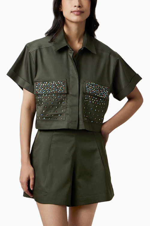 Olive Multicolor Swarovski Studs Shorts Co-ord Set