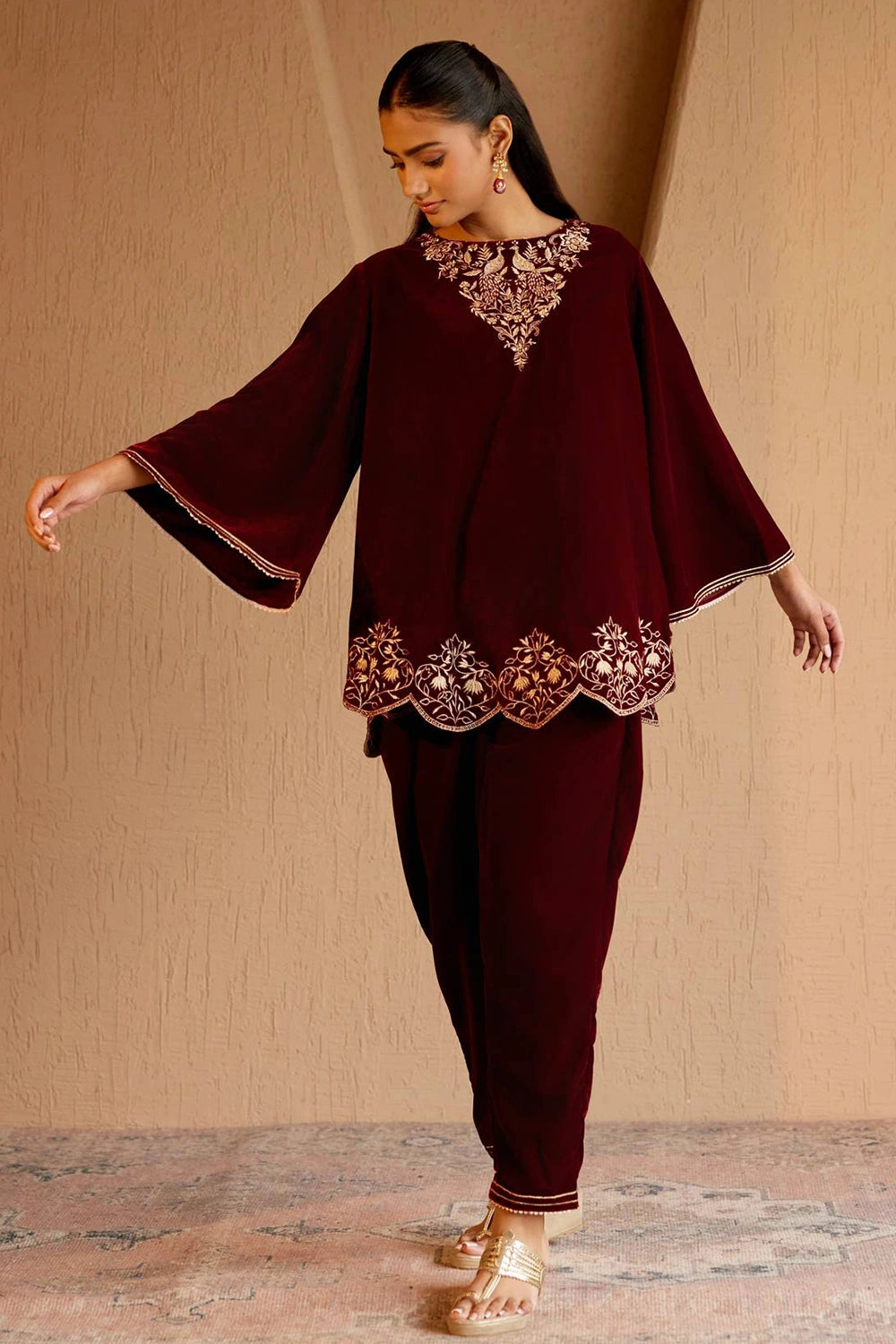 Peacock Velvet Short Kurta With Pants