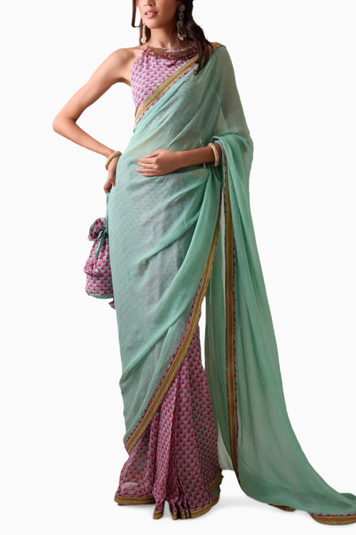 Pista Coral Gajjari Saree with Crepe Blouse
