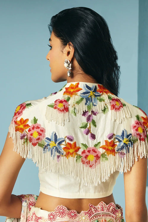Ivory Floral Beaded Fringe Cape