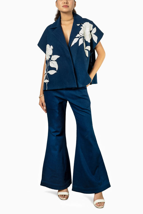 Dark Blue Denim Big Flower Denim Set With Brallete