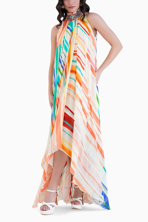 Multi Mystic Line Printed Halter Neck Assymetric Dress
