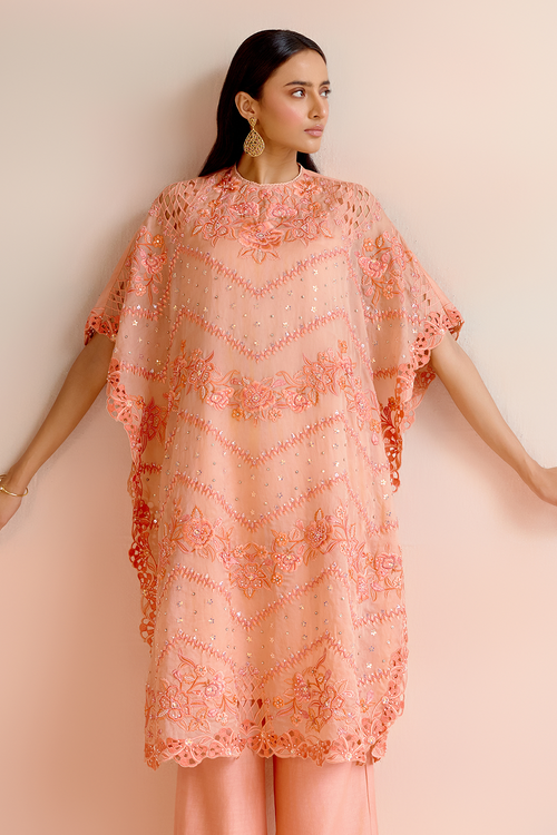 Apricot Multitonal Cutwork Kaftan with Pant