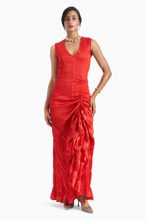 Red V Neck Scale Smocked Side Gathers Dress