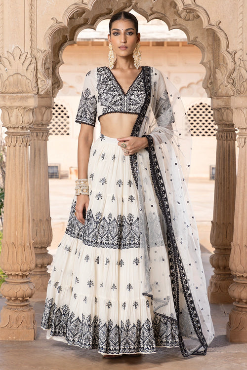 Black and White Ambi Lehenga with Embroidered Dupatta