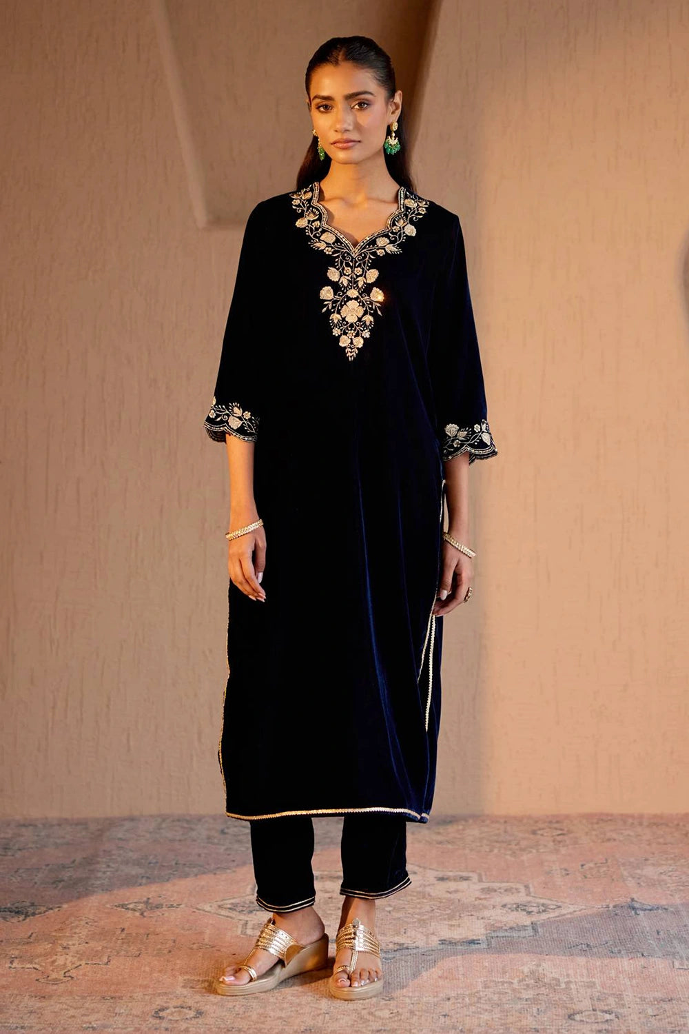 Navy Embroidered Kurta With Pants