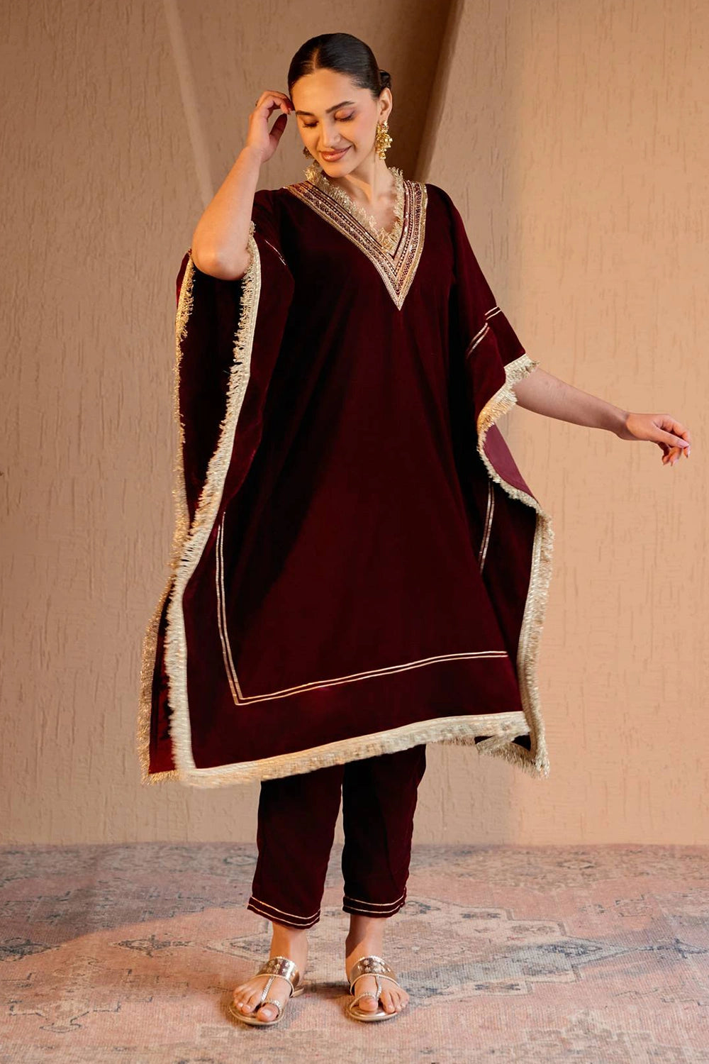 Maroon Velvet Kaftan With Pants