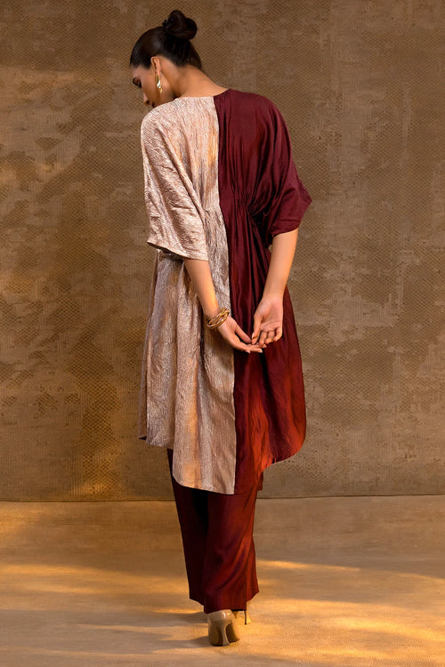 Agneya Brown Silk and Crushed Tissue Kaftan Set