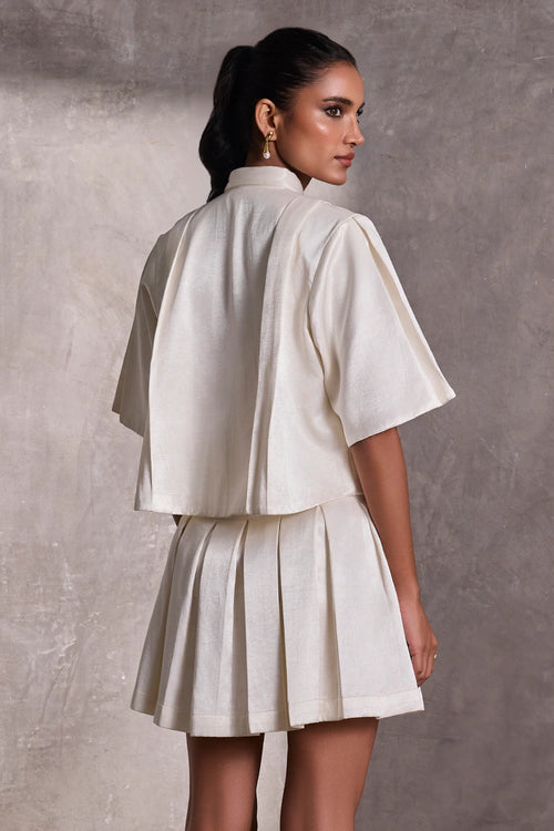 Ivory Gajji Silk Boxy Top With Ivory Ghaji Silk Box Pleat Short Skirt