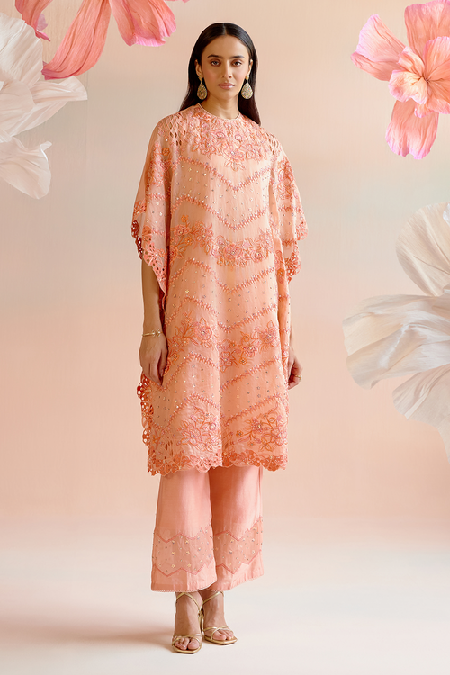 Apricot Multitonal Cutwork Kaftan with Pant