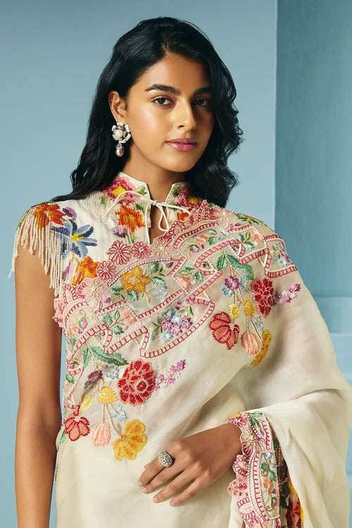 Ivory Floral Beaded Fringe Cape