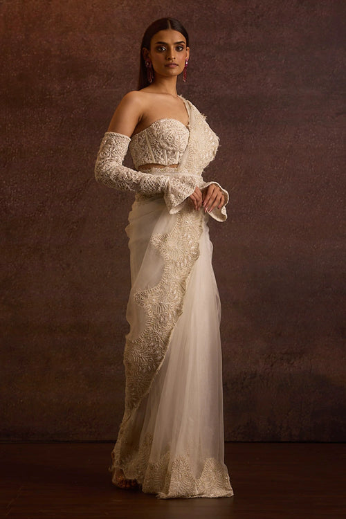 Arista Ivory Bustier Blouse With Silk Organza Saree And Belt