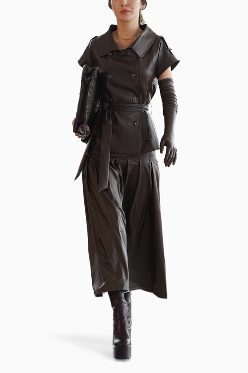Mocha Faux Leather Shacket Top and Box Pleat Skirt