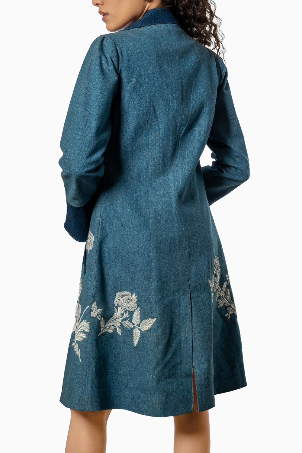 Denim Overcoat With Contrast Lining & Hand Embroidered Detailings