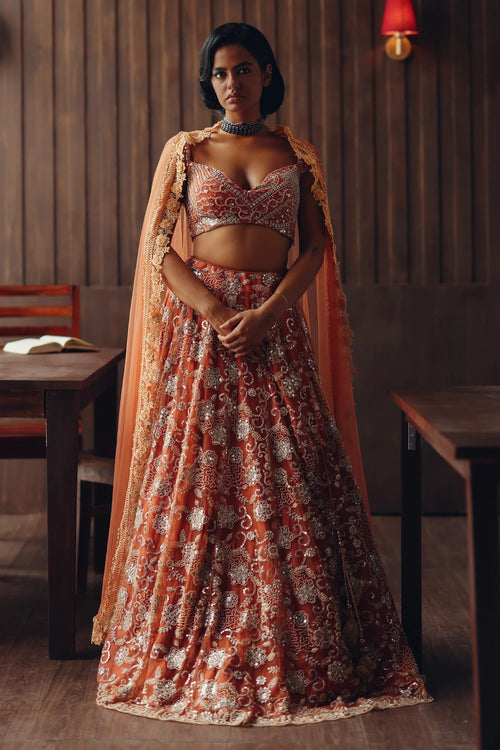 Rust Beaded Blossom Lehenga Set